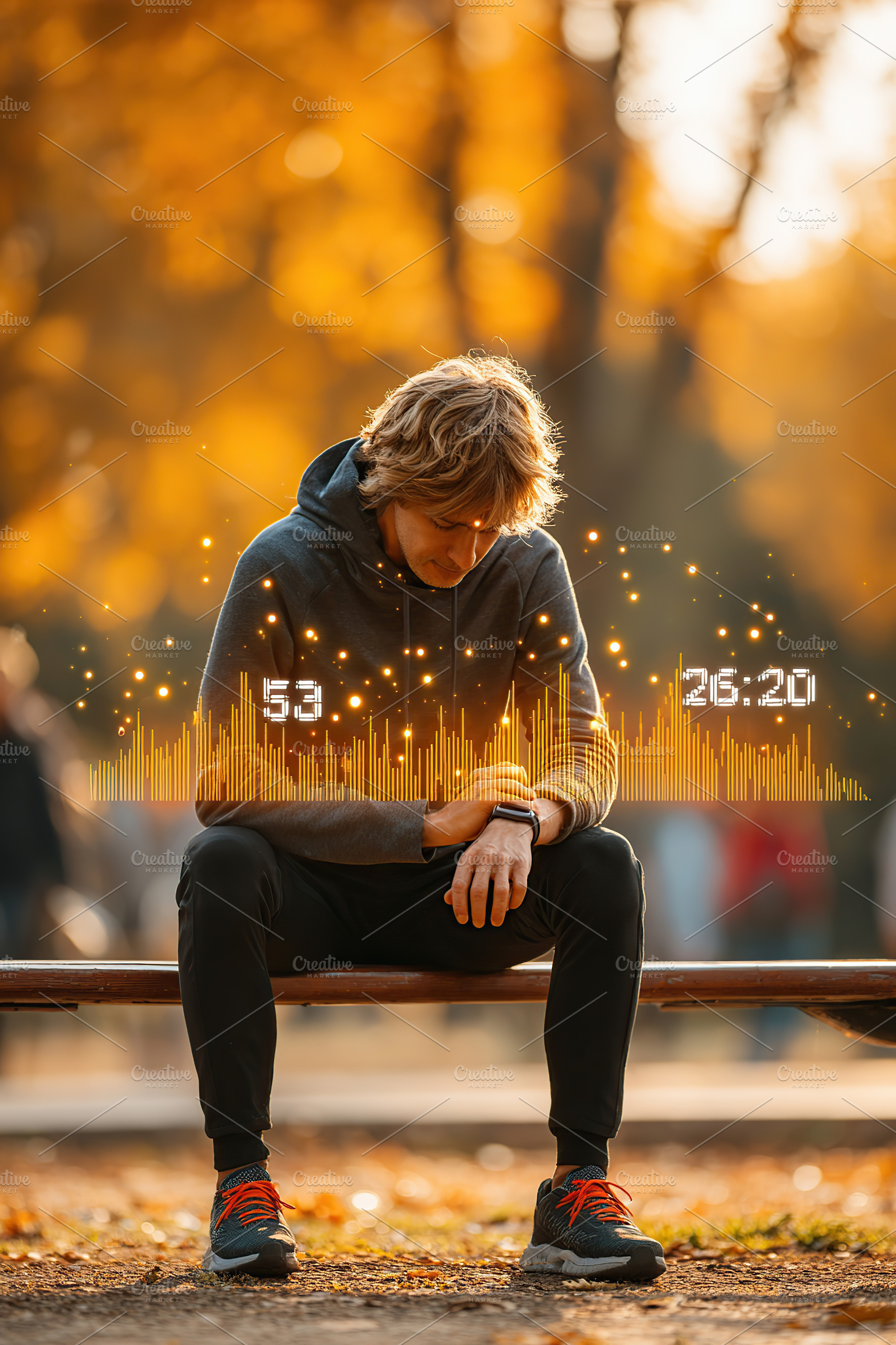 Man sitting on a bench in a park surrounded by autumn foliage enjoying a peacef, a Photo by AlyaAnd