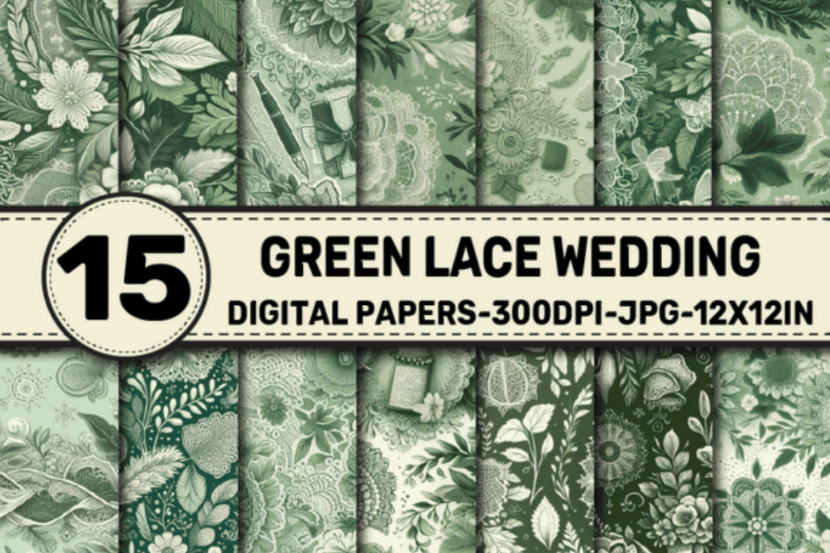 Green Lace Wedding Digital Papers, a Background Graphic by Dizzy Art Studio (Photo 1 of 2)