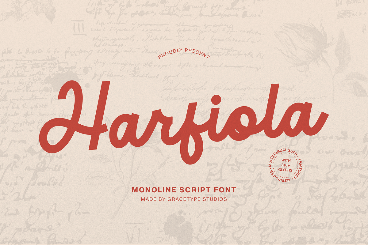 Harfiola | Monoline Script Font, a Script Font by gracetype_studio (Photo 1 of 12)