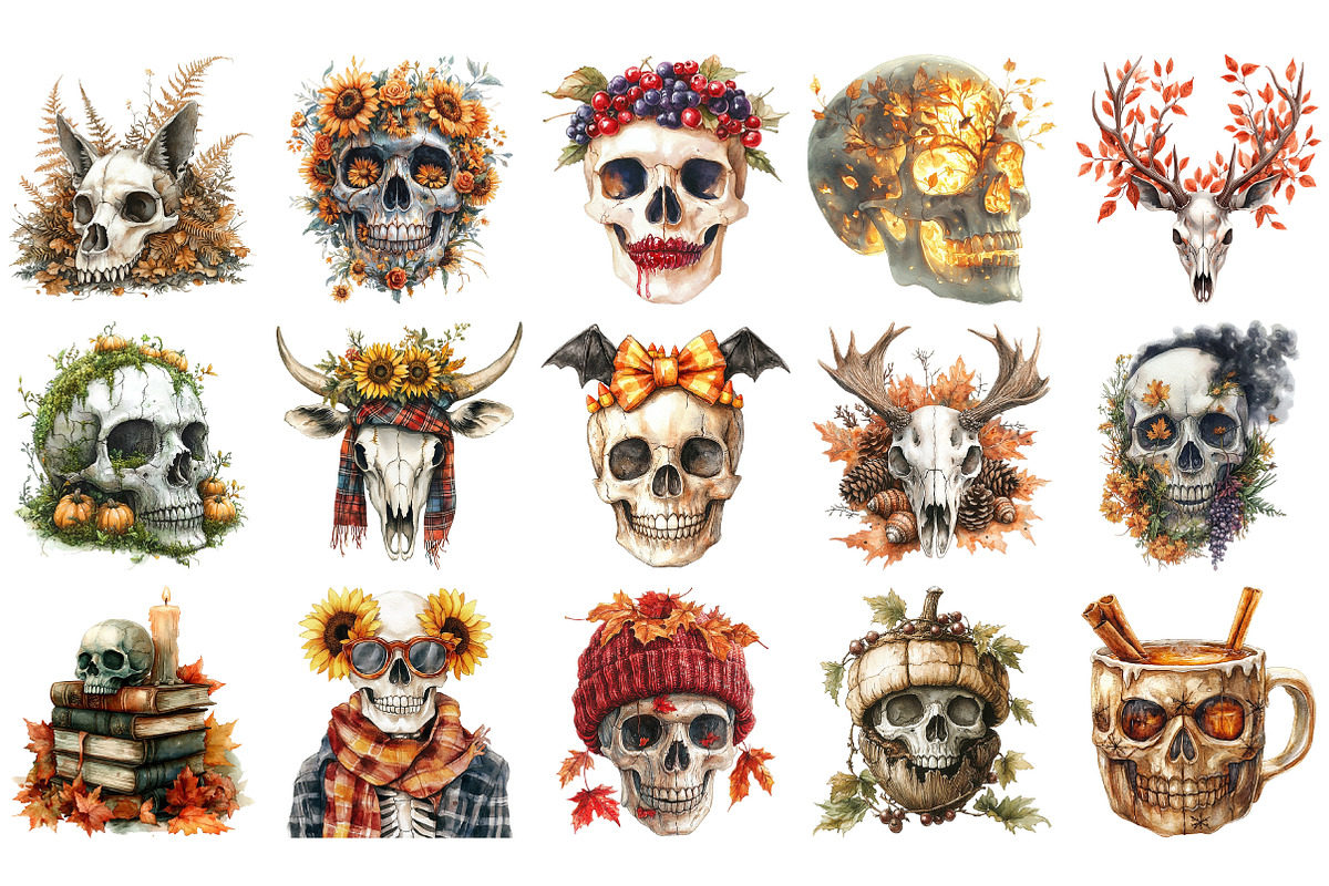 Autumn Skulls Clipart PNG Set, an Illustration by Craft Nest (Photo 2 of 4)