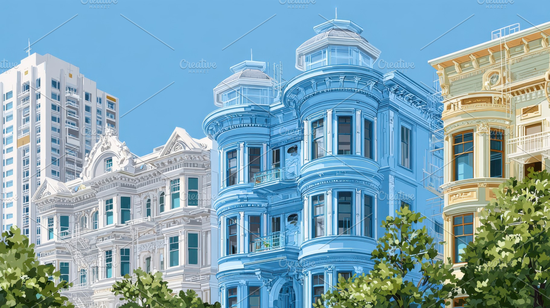 Colorful buildings on city street, a Photo by Beautiful things