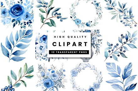 Blue Watercolor Floral Clipart