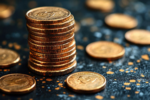 Stacked golden coins on a dark surfa, a Photo by Tanuart