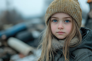Young girl with striking blue eyes wearing a warm hat stands in a desolate envi, a Person Photo by AlyaAnd