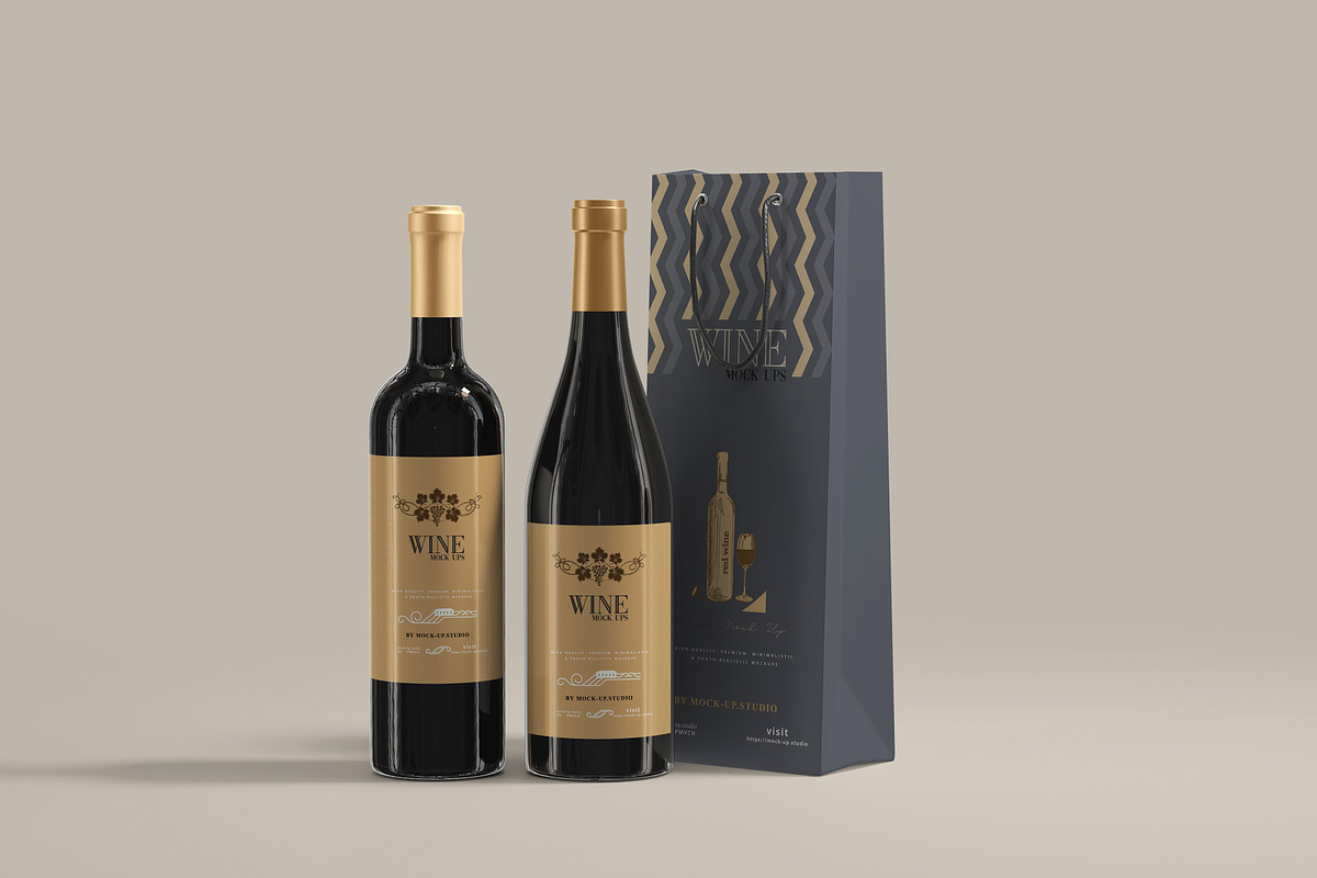 Wine Bottles with Bag Mockup, a Product Mockup by pmvch (Photo 1 of 11)