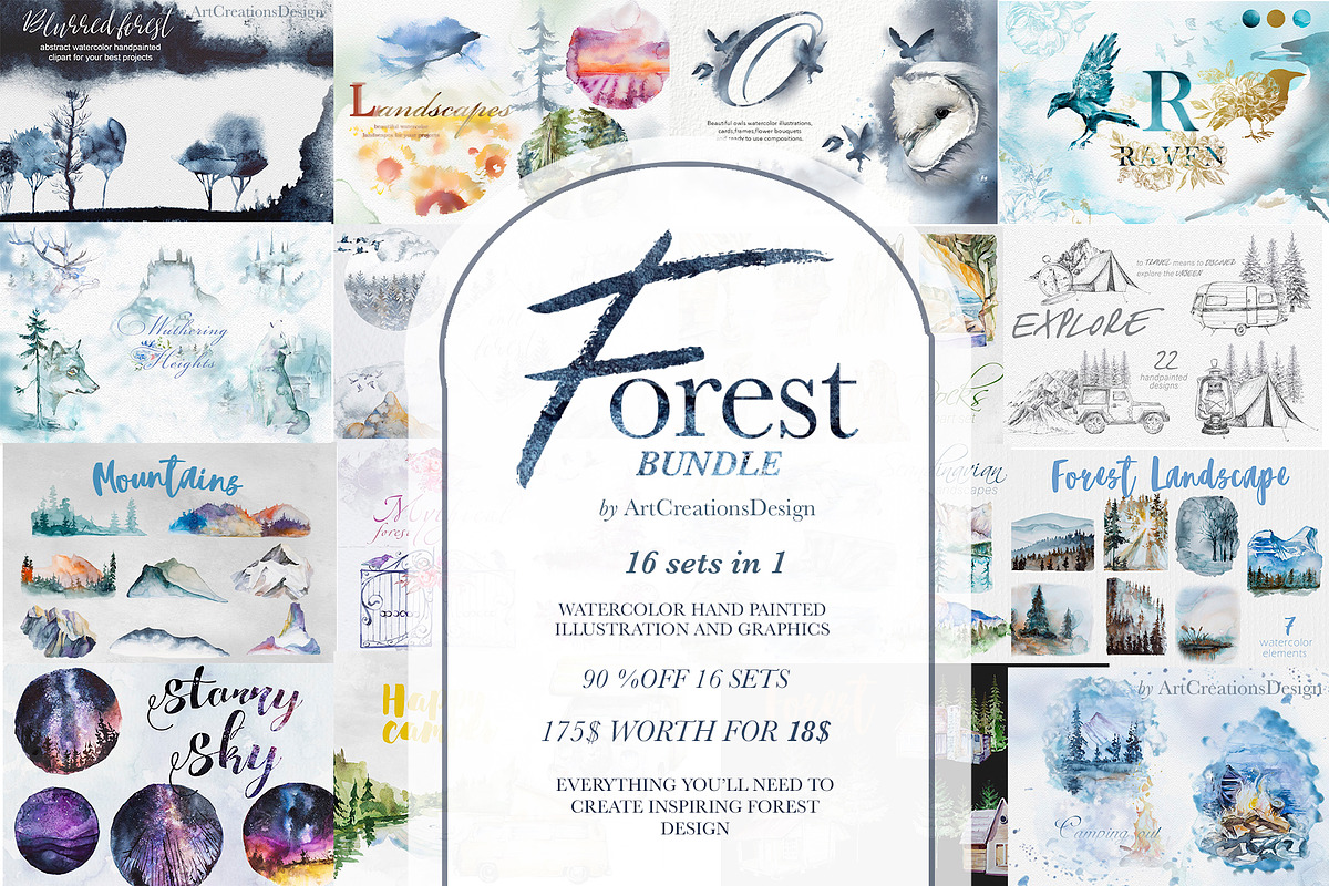 90%OFF! Watercolor Forest Bundle, an Animal Illustration by ArtCreationsDesign (Photo 1 of 18)