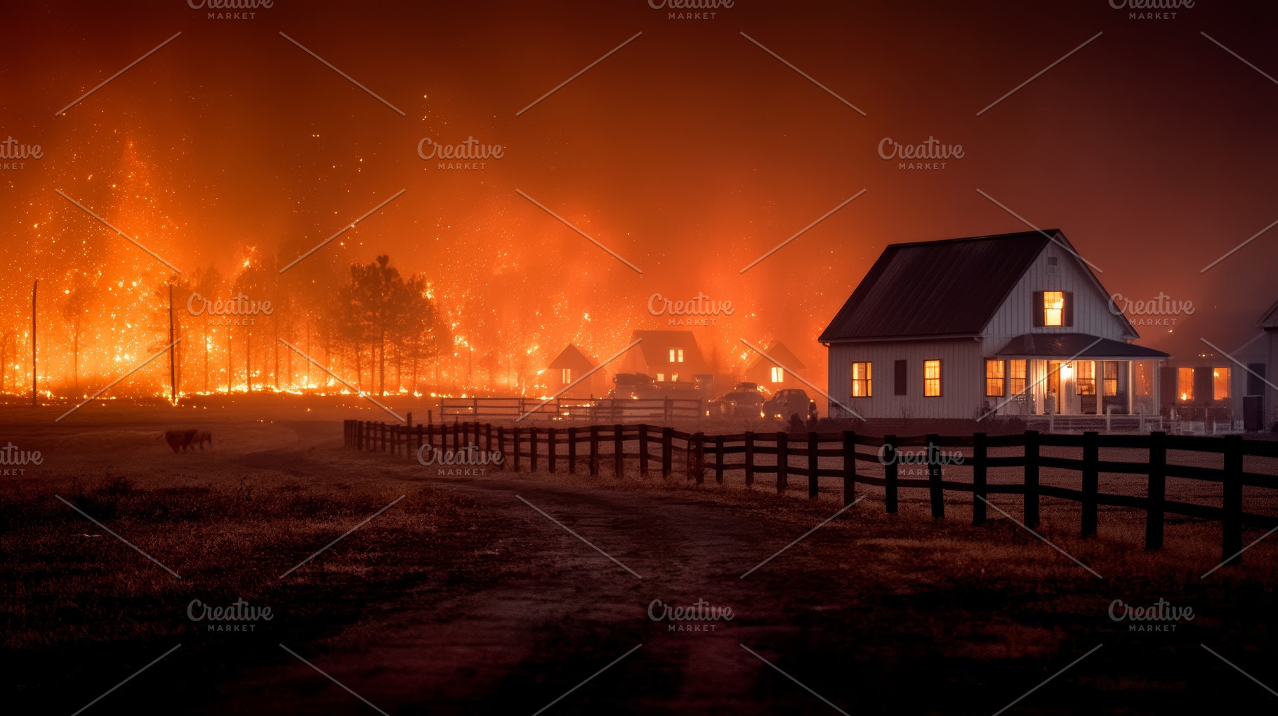 Wildfire approaching farmhouse at night with blazing forest, glowing embers, sm, a Photo by AS photostudio
