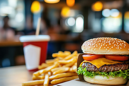 Burger with baked potatoes on blurred fast food restaurant backg, a Food & Drink Photo by AlyaAnd