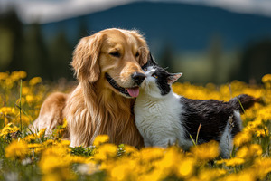 Golden Retriever and Cat in Dandelio, a Photo by Pixeness Studio