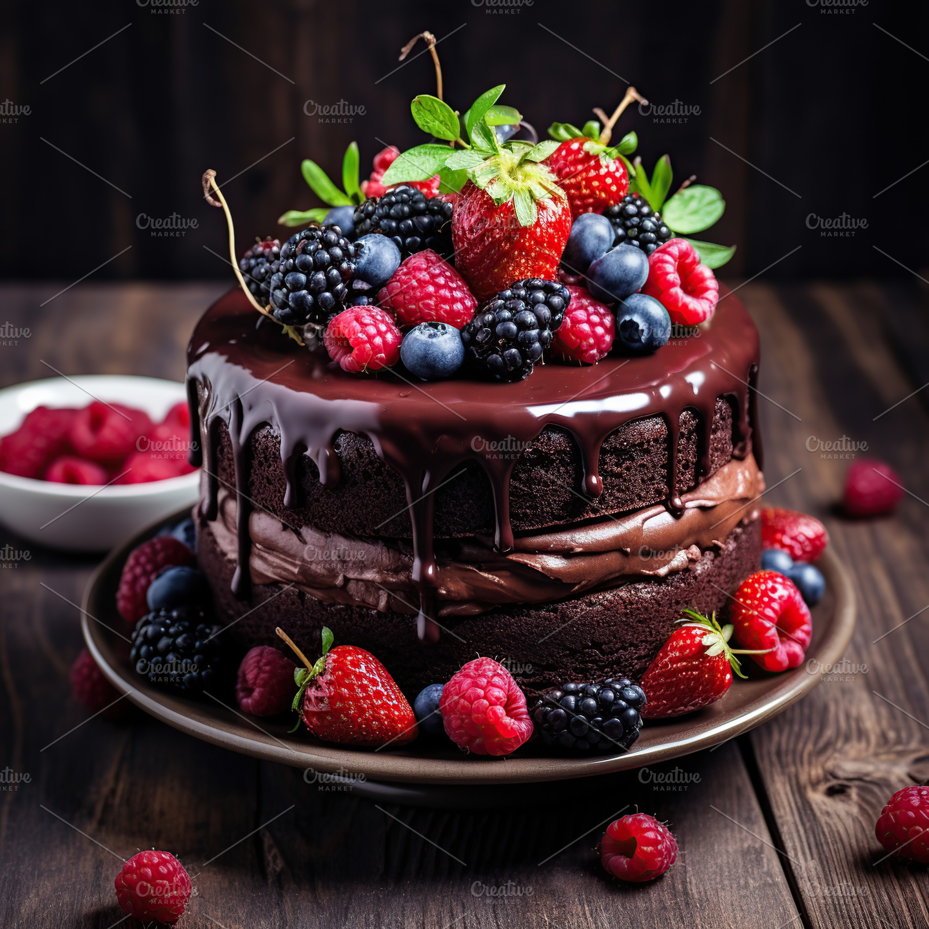 Chocolate cake with fresh berries on plate on wooden table, a Food & Drink Photo by AlyaAnd