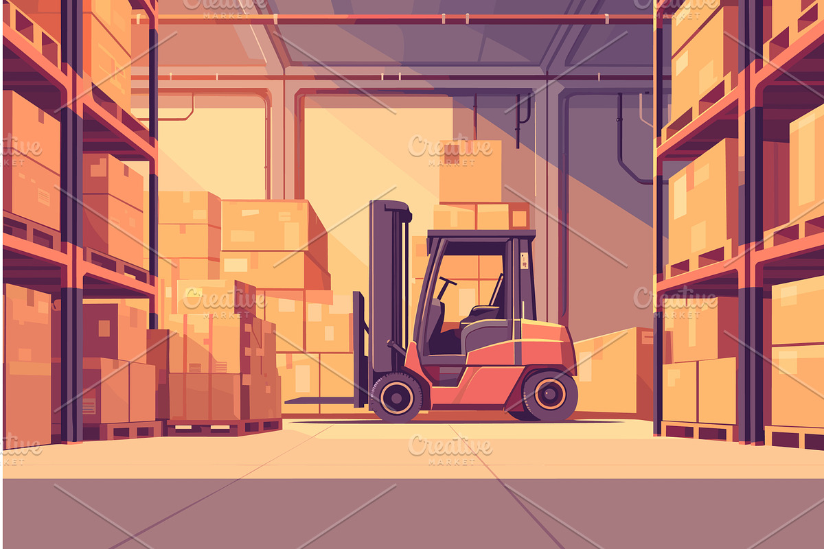 Cartoon warehouse interior with rows, a Transportation Illustration by LadadikArt