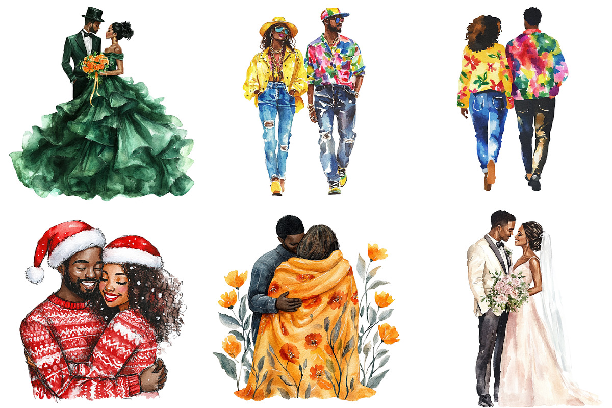 Black Couple Watercolor Set, a Seasonal Illustration by CitraGraphics (Photo 2 of 3)