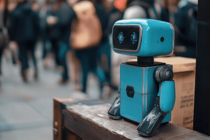 Small blue robot stands on a wooden, a Photo by Tanuart
