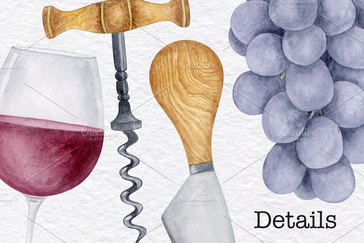 Watercolor Wine and Cheese set, a Food Illustration by KathrineWatercolor (Photo 4 of 6)