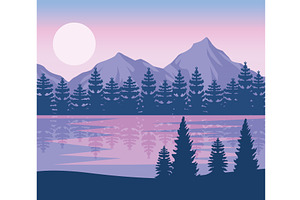 wanderlust night lake scene, an Illustration by studiogstock
