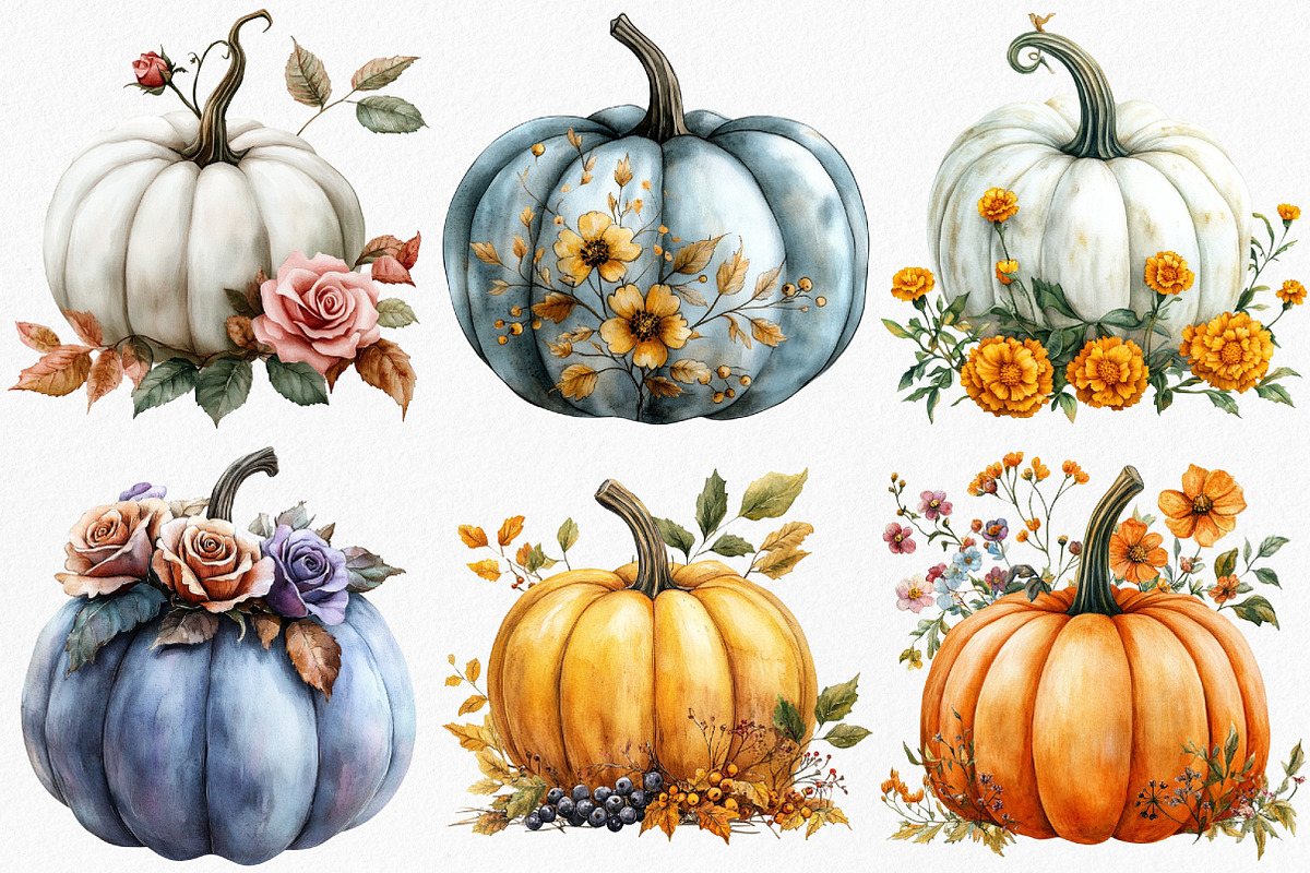 Floral Fall Pumpkin Clipart, an Illustration by Canvas Craft (Photo 2 of 8)