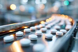 Pills moving along a conveyor belt in a pharmaceutical manufacturing facility a, a Photo by AlyaAnd