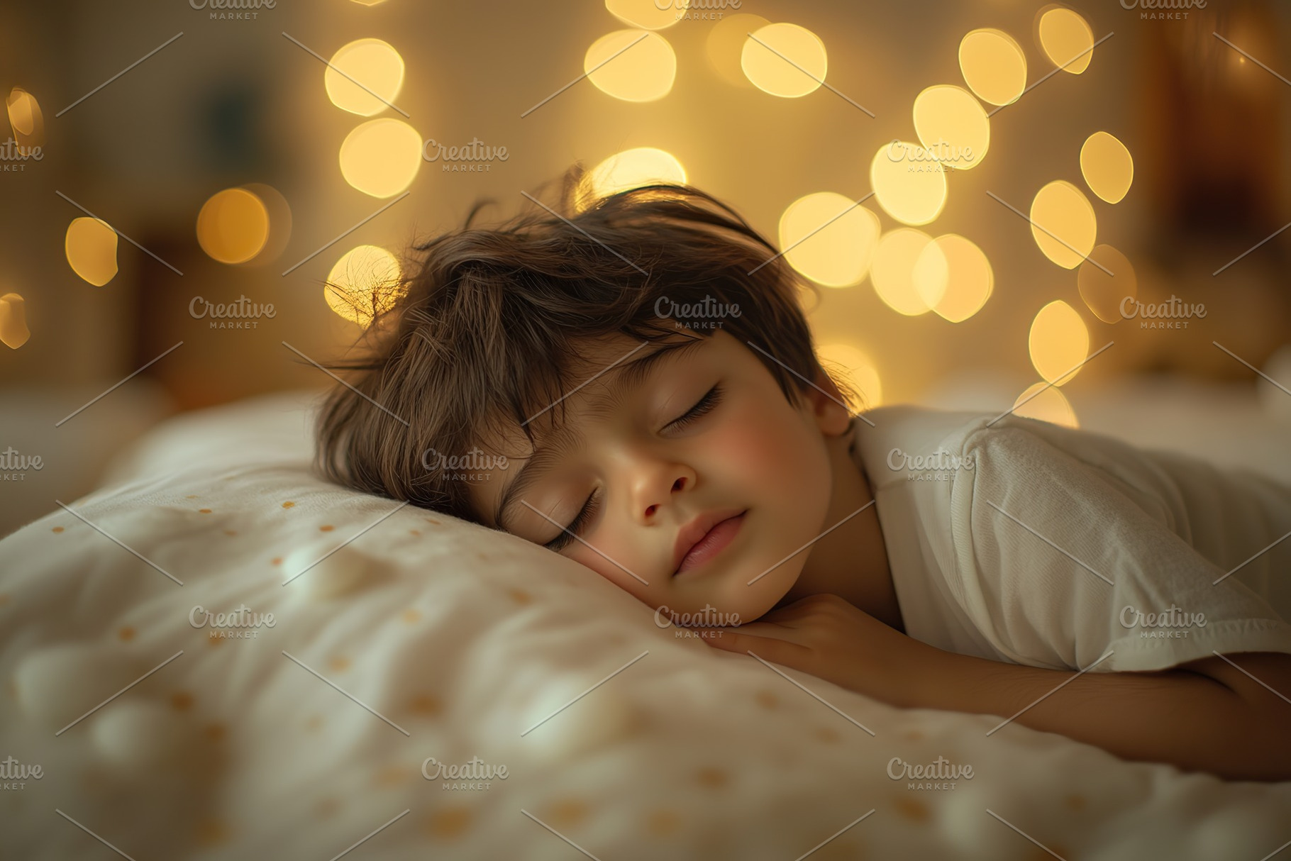 Little child boy sleeps in a crib on blurred lights background, a Person Photo by AlyaAnd