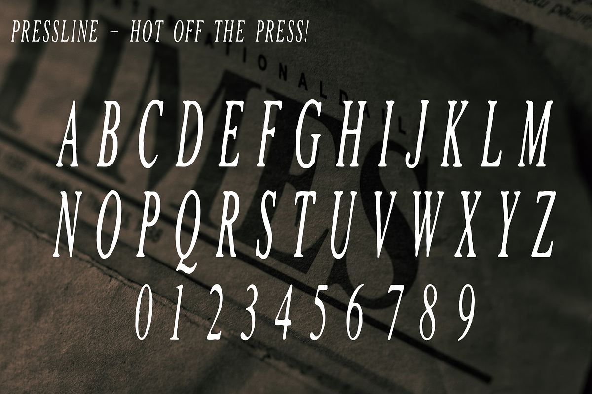 PRESSLINE - All-Caps Vintage Serif, a Serif Font by Mark Richardson (Photo 2 of 2)