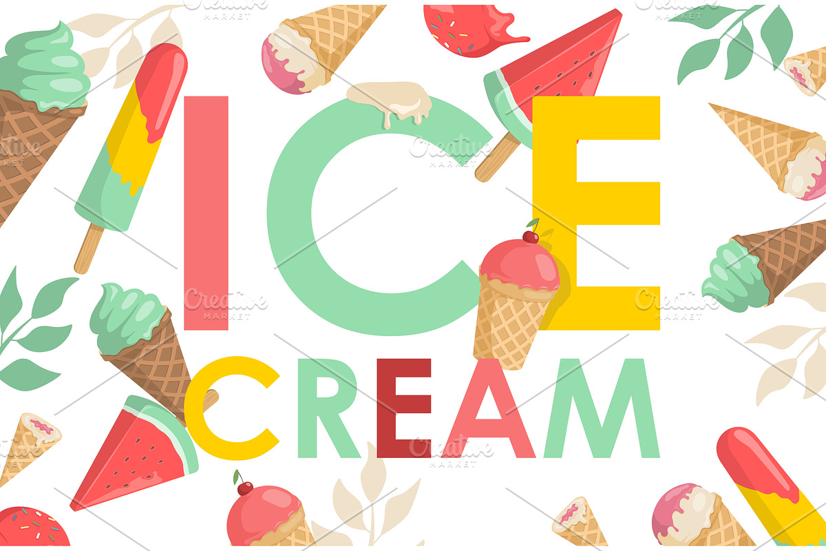 Ice cream word vector flat poster, a Food Illustration by Pavlo Plakhotia's Shop
