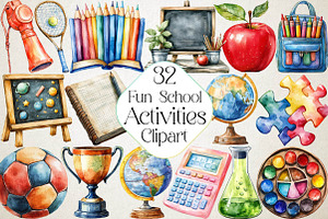 Watercolor Fun School Activities Cli, an Illustration by DreamPrint404