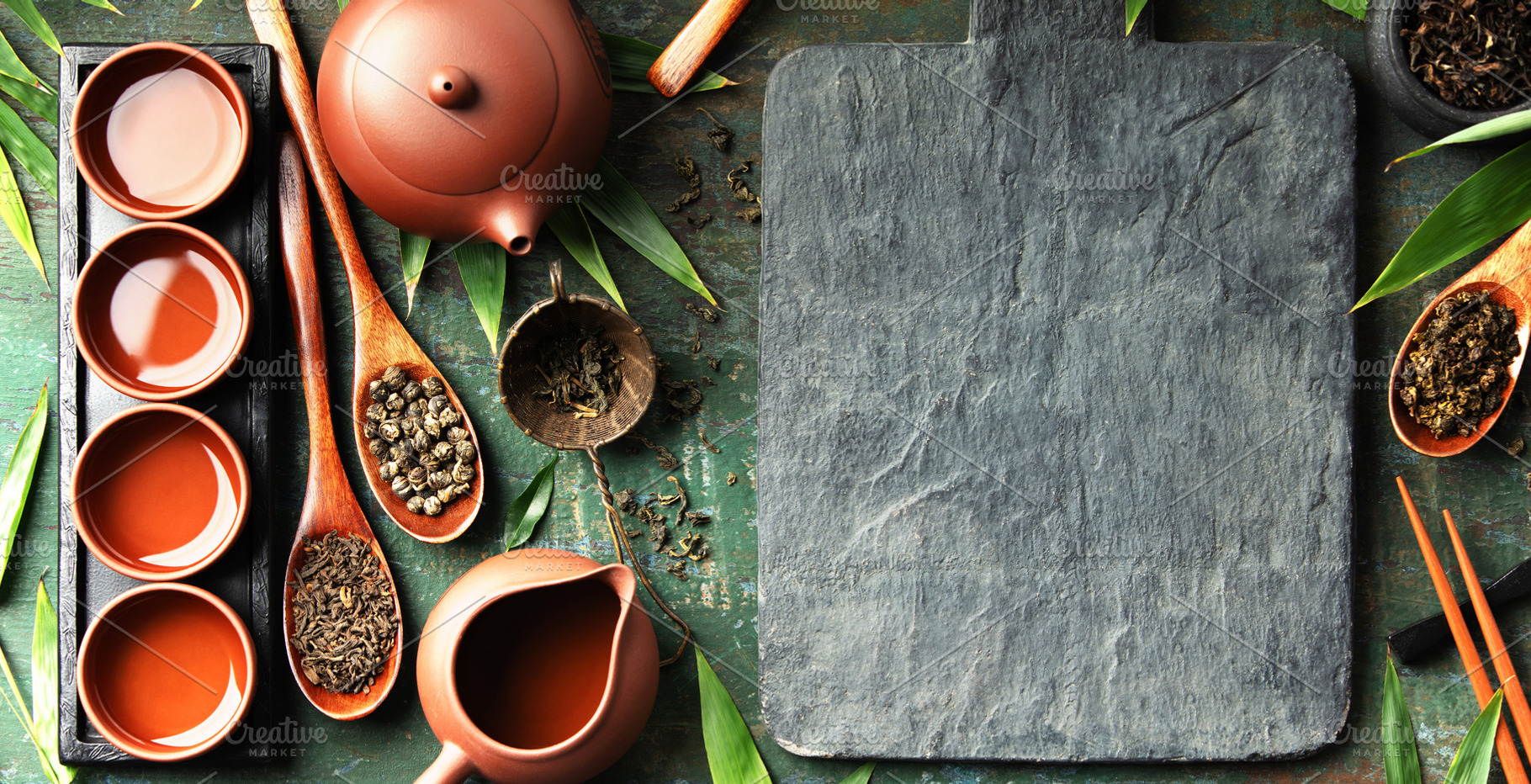 Asian Tea Ceremony with Teaware and Slate Board Mockup on Rustic, a Food & Drink Photo by Natalia Klenova's Shop