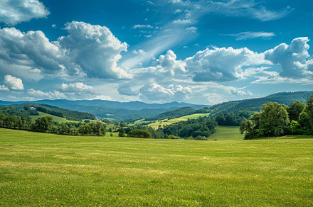 Vast green fields stretch across the, a Photo by Tanuart