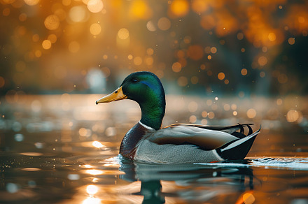 Duck swimming into the pond on sunset background, an Animal Photo by AlyaAnd