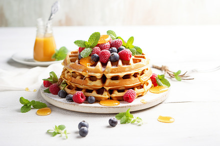 Homemade waffles with berries on wooden table. Generative AI, a Food & Drink Photo by AlyaAnd