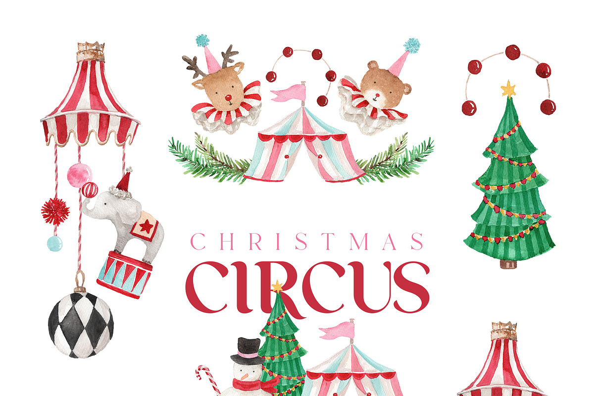 Watercolor Clipart-CHRISTMAS CIRCUS, a Decorative Illustration by Beigetime (Photo 6 of 12)
