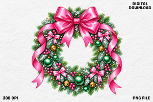 Pink Coquette Christmas Wreath PNG