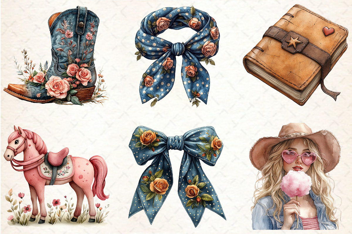 Watercolor Coquette Cowgirl Clipart, a Seasonal Illustration by Rose Art (Photo 4 of 4)