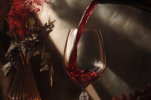 Red wine pouring from a bottle into an elegant glass, creating a rich splash. F, a Food & Drink Photo by Studio ANNA