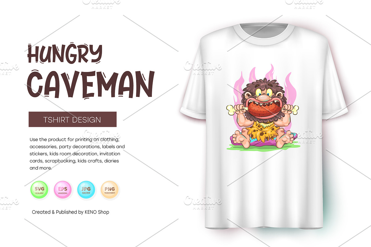 Cartoon Hungry Сaveman. Tshirt, PNG., a Person Illustration by KENO Mascots (Photo 4 of 7)
