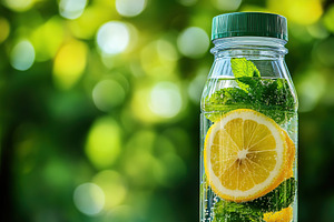 Refreshing transparent sports bottle filled with lemon and mint in the sunny ou, a Food & Drink Photo by AlyaAnd