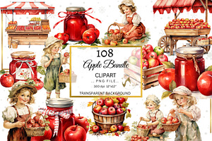 Apple Clipart Bundle, Watercolor PNG