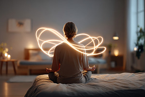 Meditation in a softly lit bedroom with a calming atmosphere and gentle light t, a Photo by AlyaAnd