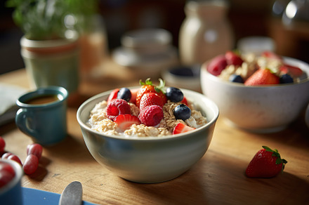 Tasty oatmeal with fruits in bowl on table, a Food & Drink Photo by AlyaAnd