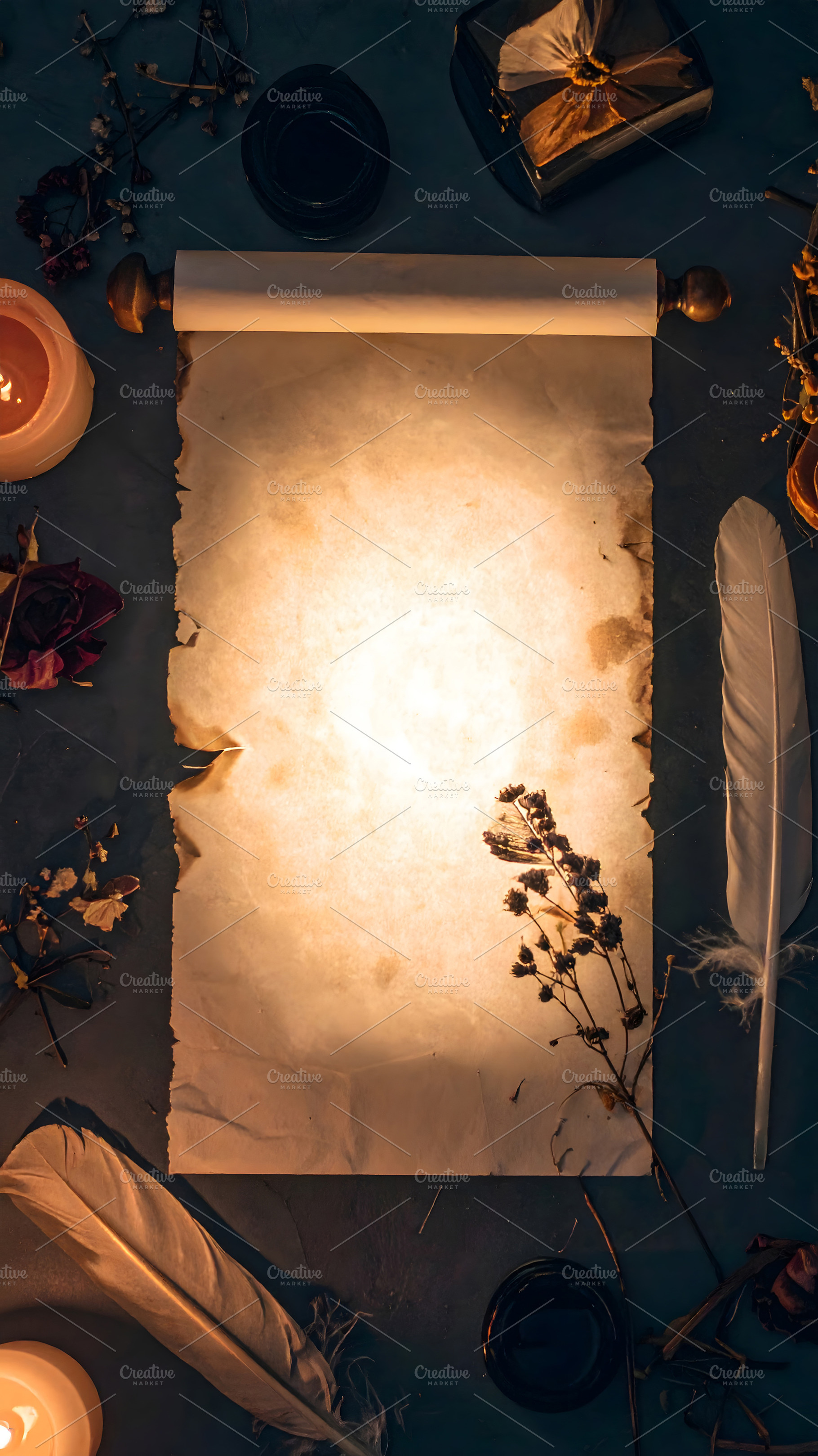 Blank illuminated parchment scroll surrounded by candles and qui, a Background Photo by GoodGoods
