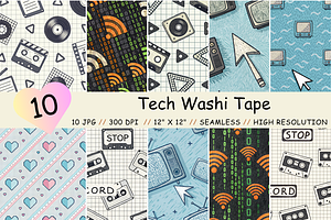 Tech Washi Tape Digital Paper, a Pattern Graphic by FloridPrintables