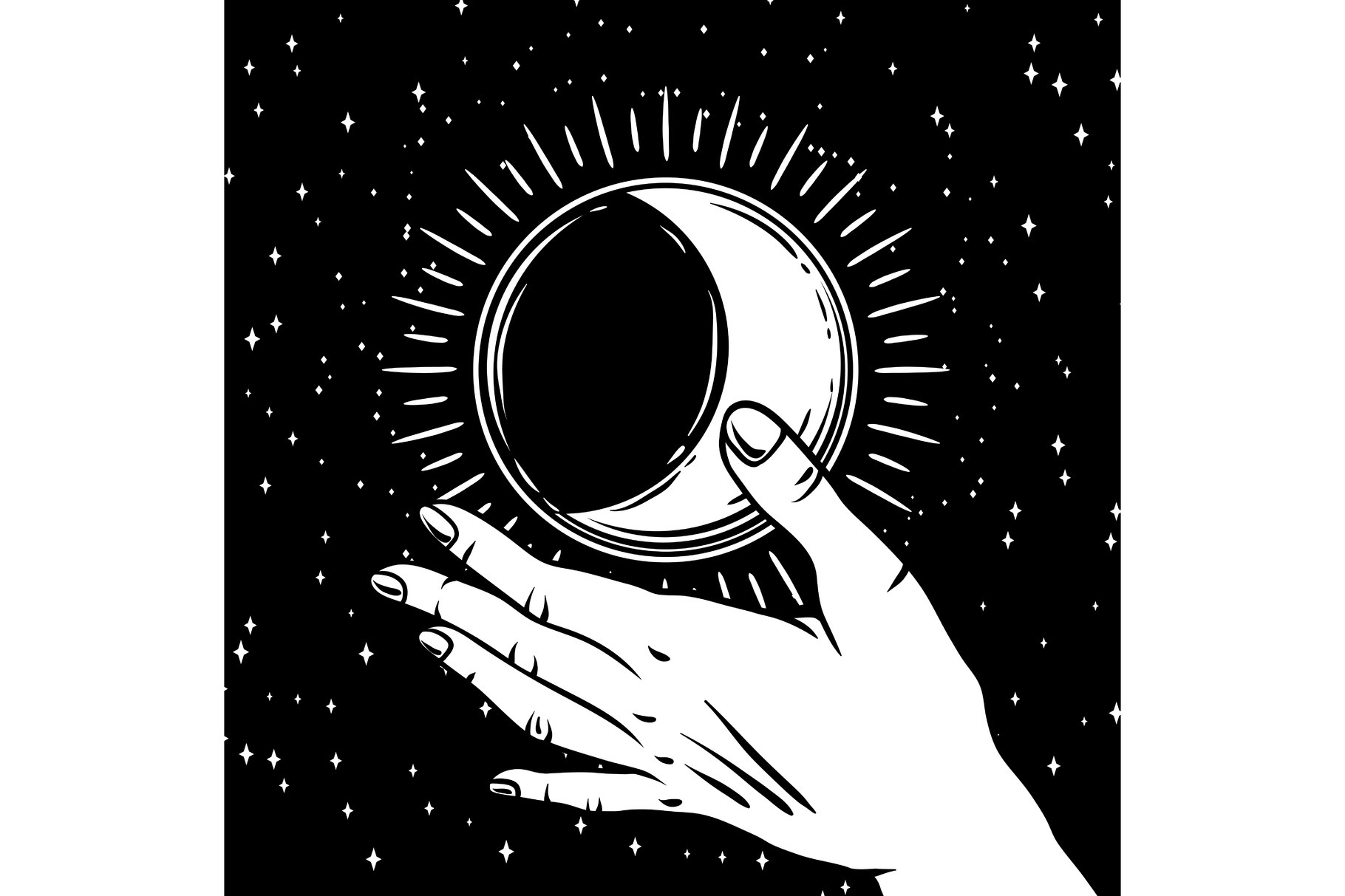 Open hand with vintage moon., a Person Illustration by incomible