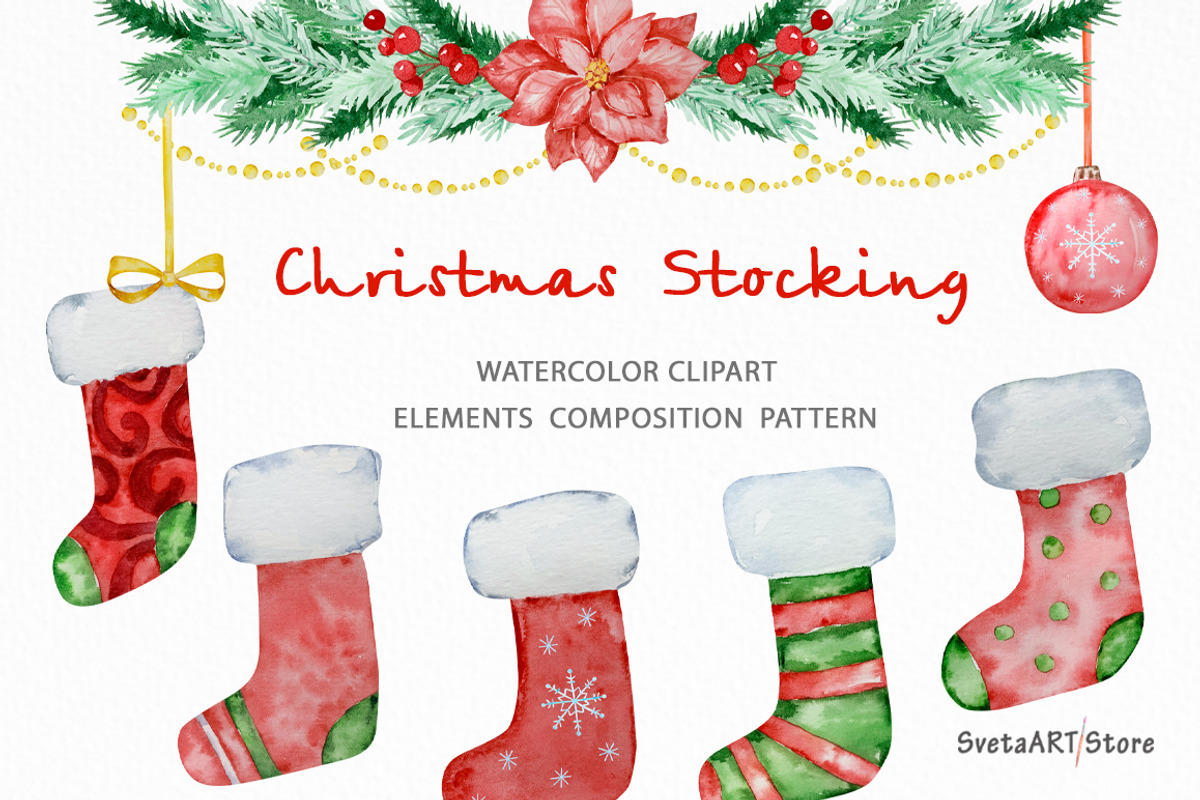 Watercolor Christmas Stocking Set, a Seasonal Illustration by SvetaArtStore (Photo 1 of 10)