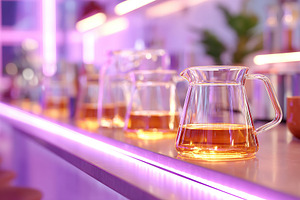 Vibrant neon bar counter showcasing pour-over coffee in a trendy cafe setting, a Food & Drink Photo by AlyaAnd