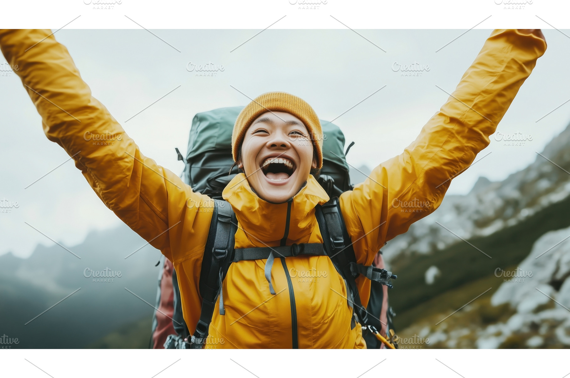 Asian female hiker in vibrant attire, a Person Photo by Sergey Kotenev