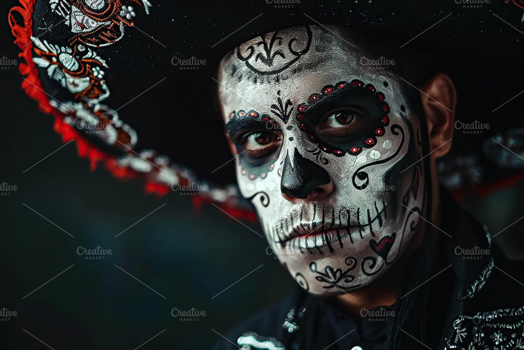 Portrait of handsome guy with sugar skull makeup, parade in Mexico city, makeup, a Person Photo by AlyaAnd