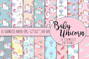 Baby Unicorn Watercolor Patterns