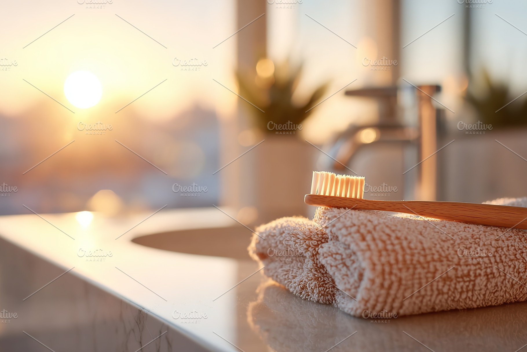 Morning routine with a natural toothbrush in a bright bathroom during sunrise, a Photo by AlyaAnd