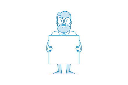 Happy man shows advertisement banner