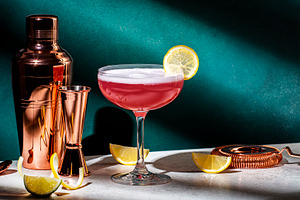 Pink lady alcoholic cocktail drink with gin, grenadine syrup, le, a Food & Drink Photo by 5PH