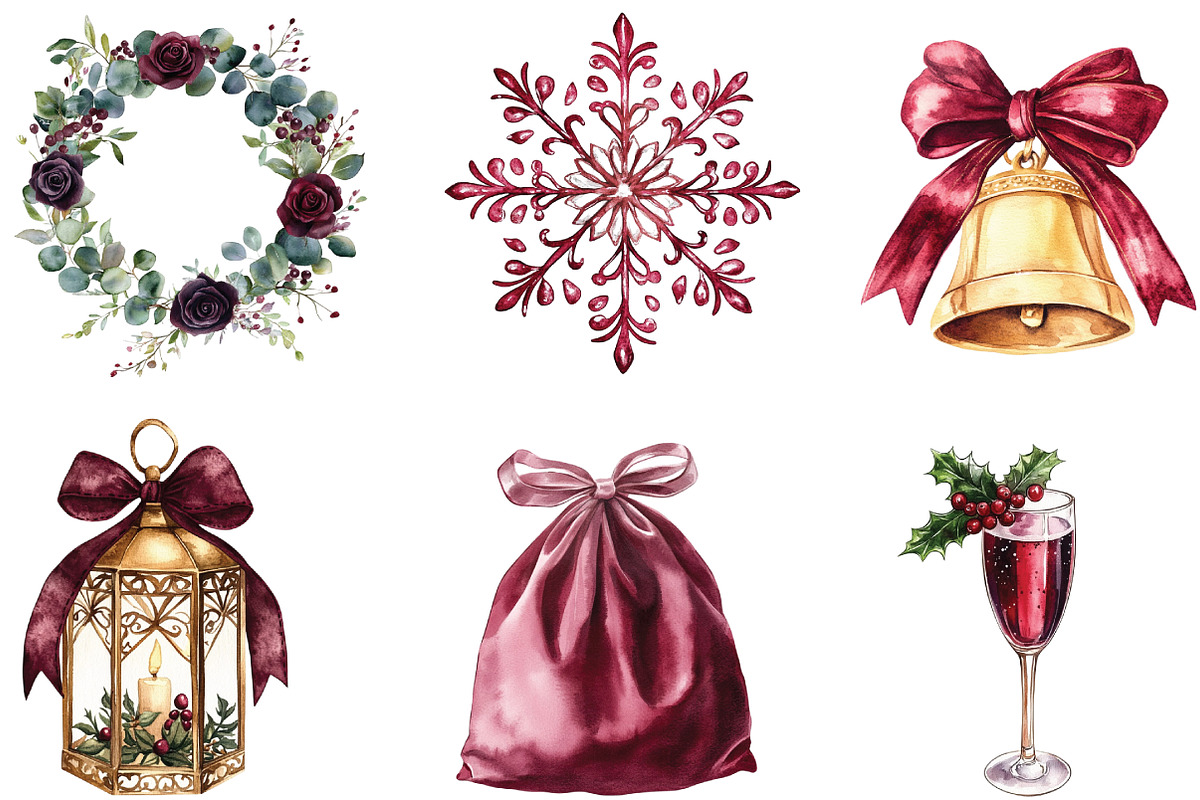 Elegant Burgundy Christmas Clipart, an Illustration by CraftArtStudio (Photo 2 of 6)